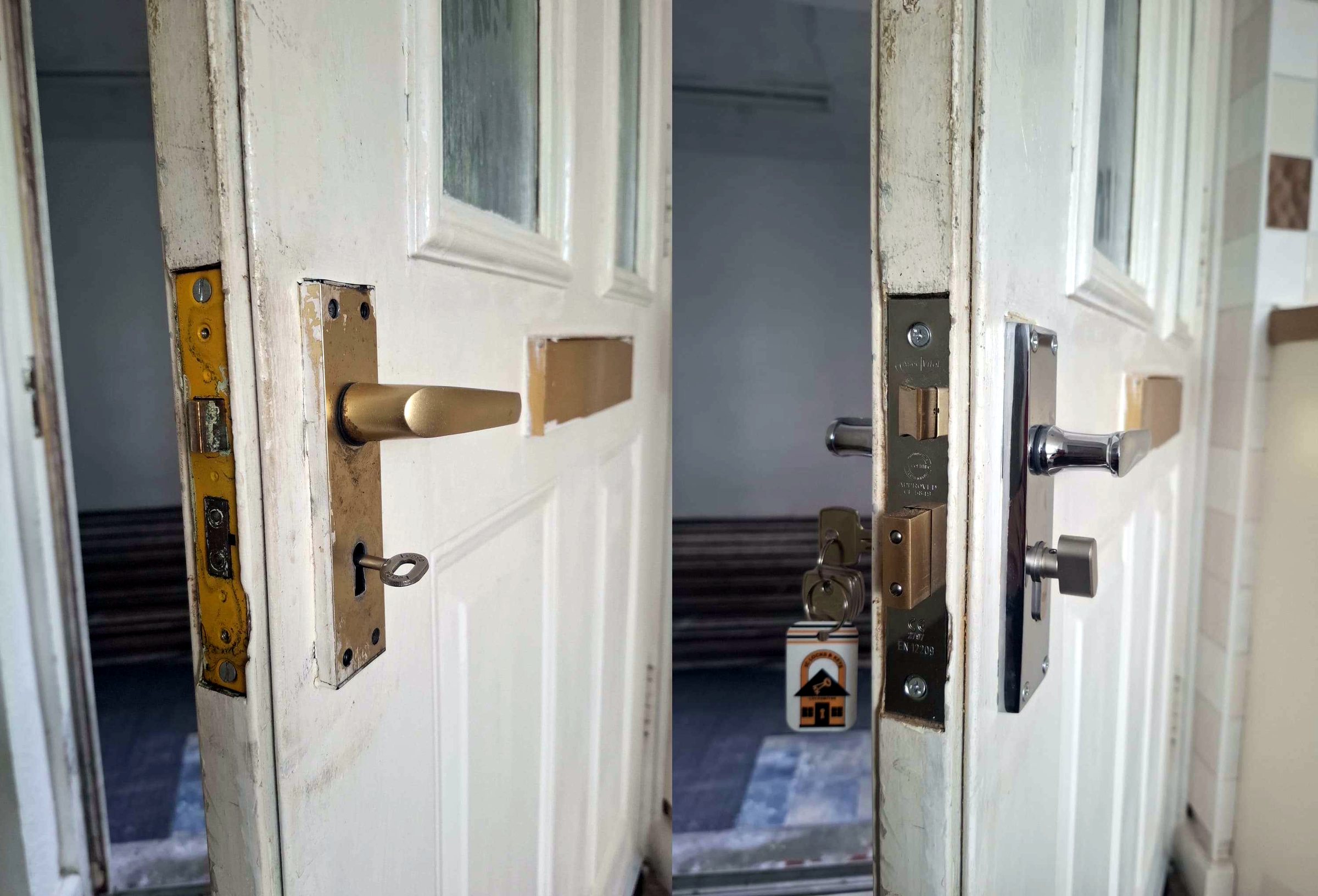 A door lock and handle replaced, before and after