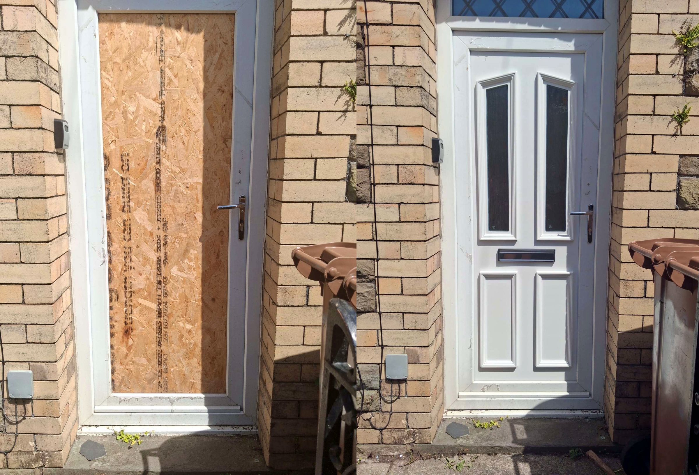 A broken door boarded up, then a new uPVC door fitted